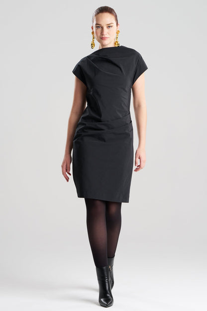 Taffeta Asymmetric Draped Dress Black