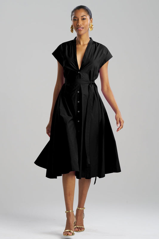 Techno Poplin Tie Front Dress Black
