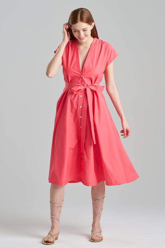 Techno Poplin Tie Front Dress Vivid Coral