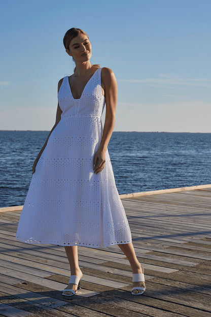 Buy Round Eyelet Dress in White Online White