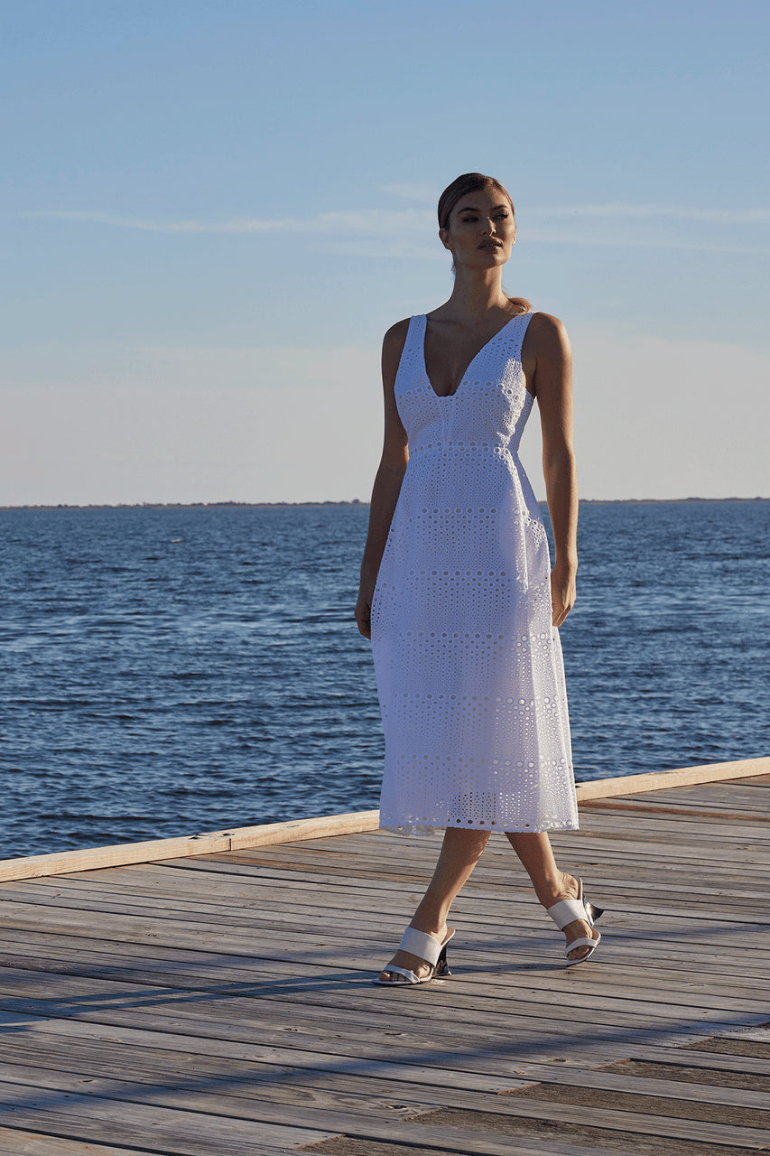 Buy Round Eyelet Dress in White Online White