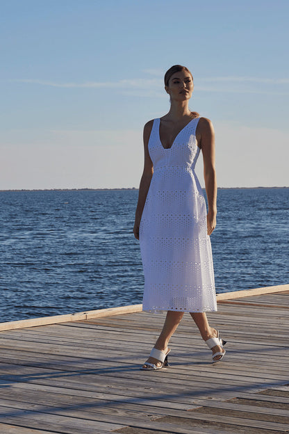 Buy Round Eyelet Dress in White Online White