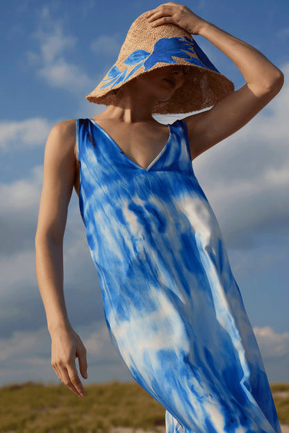 Buy Santorini Printed Cotton Silk Trapeze Tank Dress in Majorelle Online Majorelle