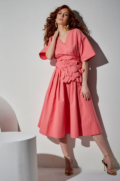 Tech Cotton Taffeta V-Neck Dress Flamingo Pink