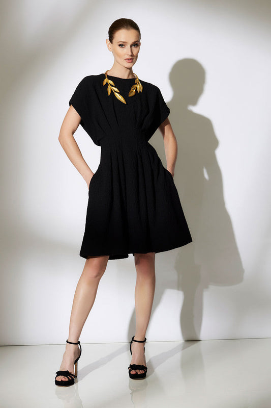 Buy Stretch Texture Jacquard Pleated Dress in Black Online Black