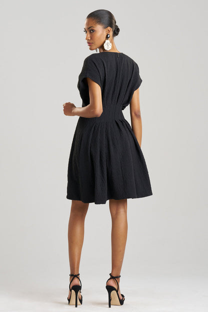 Buy Stretch Texture Jacquard Pleated Dress in Black Online Black