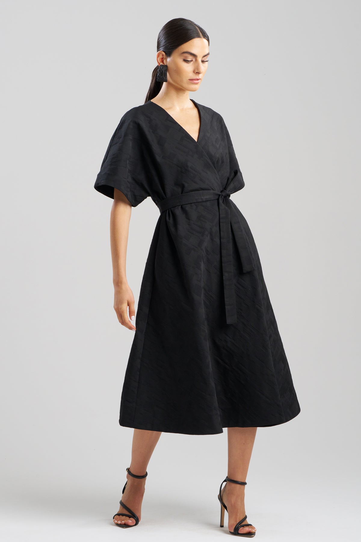 Buy Geo Texture Jacquard Kimono Wrap Dress online Black