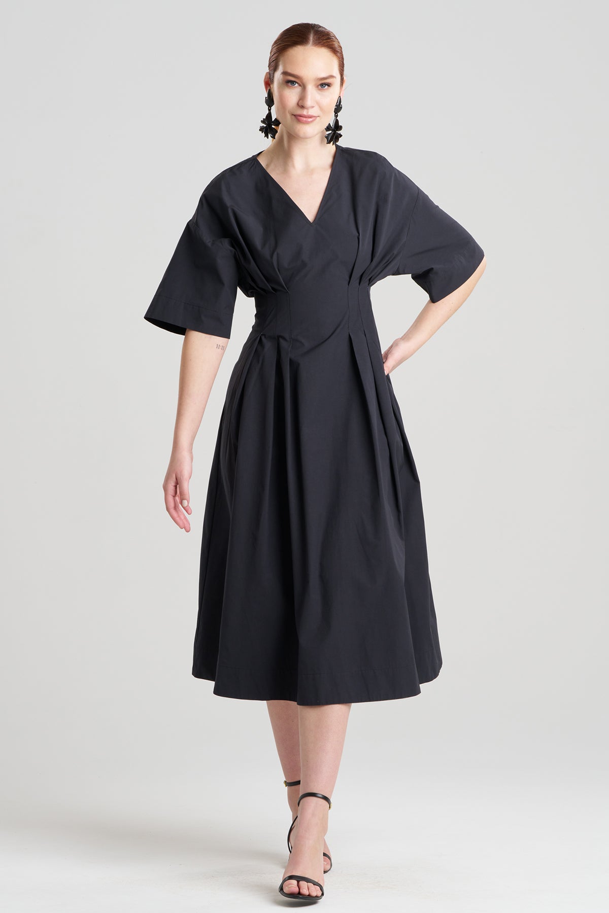 Tech Cotton Taffeta V-Neck Dress Black