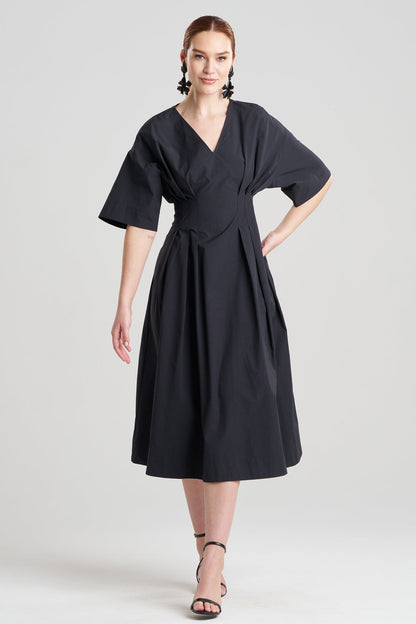 Tech Cotton Taffeta V-Neck Dress Black
