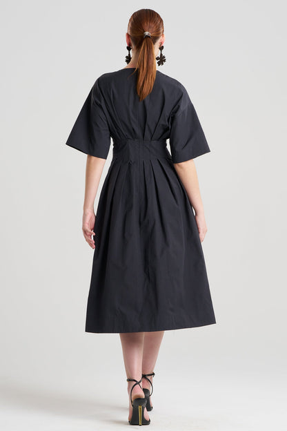 Tech Cotton Taffeta V-Neck Dress Black