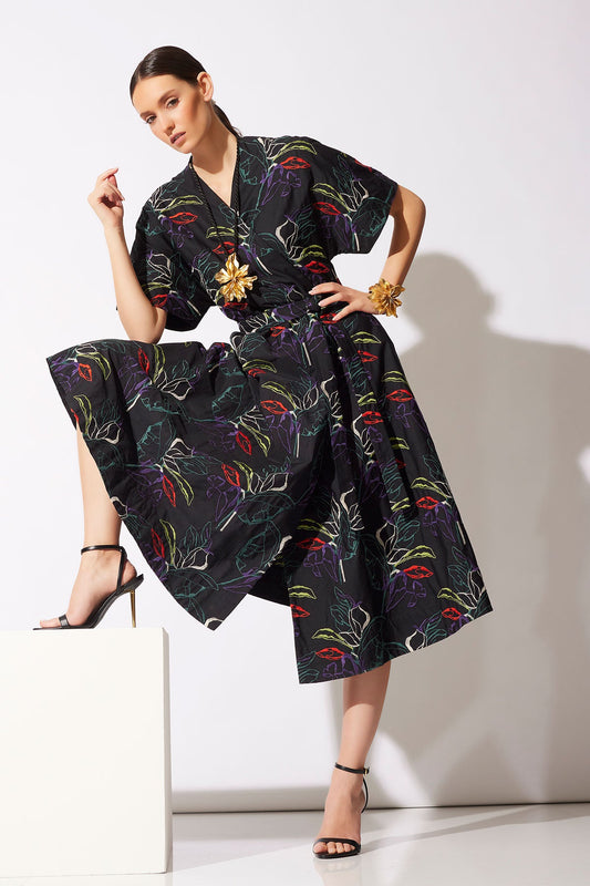 Yoru Embroidered Cotton Poplin Kimono Wrap Dress Black Deep Orchid