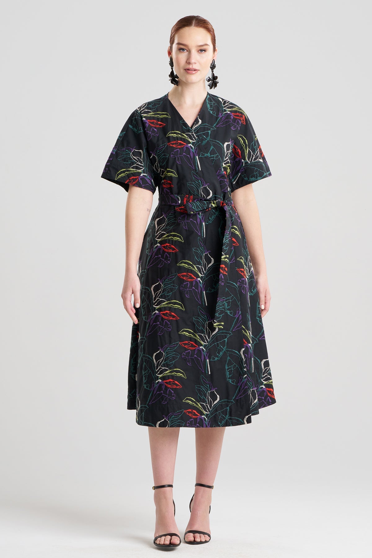 Yoru Embroidered Cotton Poplin Kimono Wrap Dress Black Deep Orchid