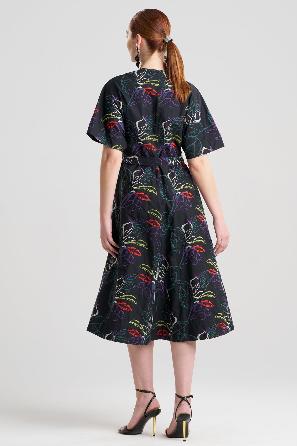 Yoru Embroidered Cotton Poplin Kimono Wrap Dress Black Deep Orchid