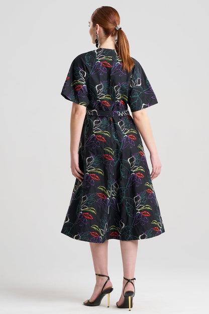 Yoru Embroidered Cotton Poplin Kimono Wrap Dress Black Deep Orchid