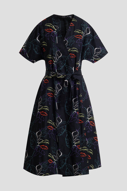 Yoru Embroidered Cotton Poplin Kimono Wrap Dress Black Deep Orchid