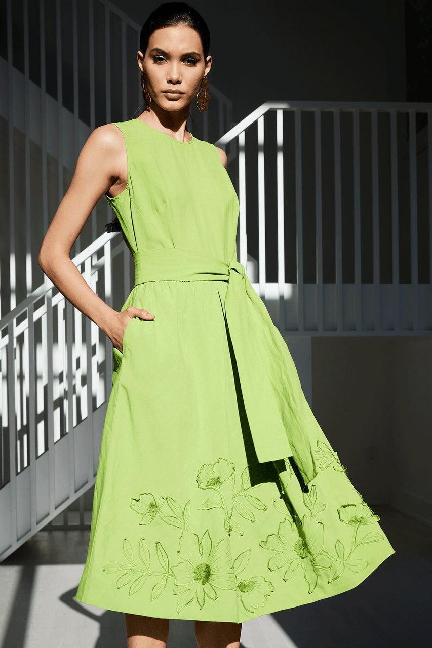Buy Linen Embroidered Fit & Flare Dress in Pear Online Pear