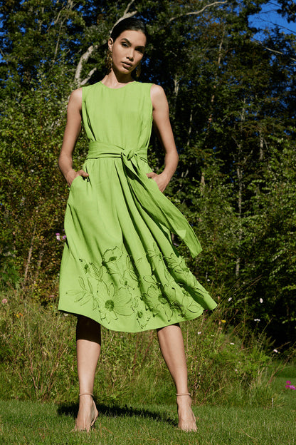 Buy Linen Embroidered Fit & Flare Dress in Pear Online Pear