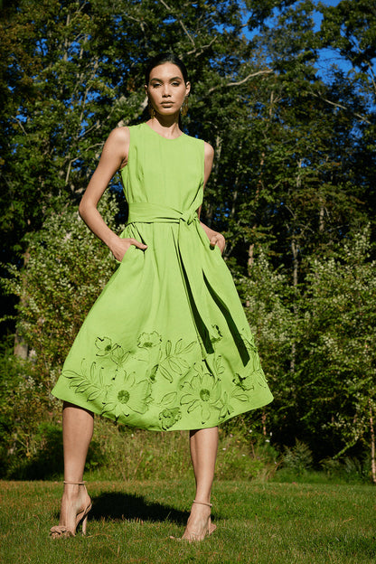 Buy Linen Embroidered Fit & Flare Dress in Pear Online Pear