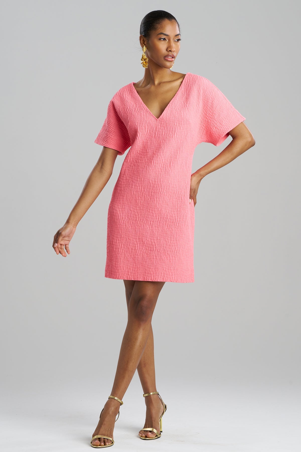 Textured Cotton Jacquard Short Sleeve Sheath Dress Flamingo Pink