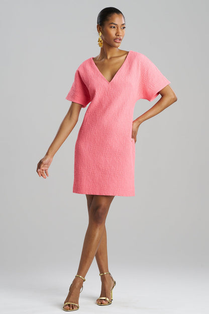Textured Cotton Jacquard Short Sleeve Sheath Dress Flamingo Pink