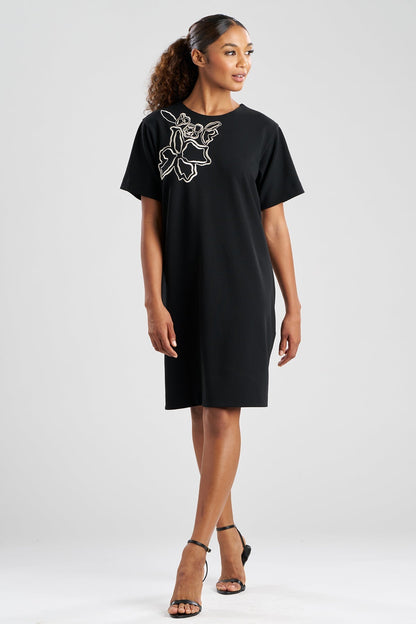 Solid Knit Crepe Embellished Short Sleeve Shift Dress Black