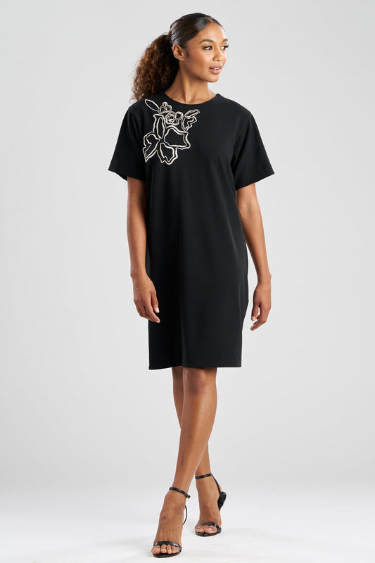 Solid Knit Crepe Embellished Short Sleeve Shift Dress Black