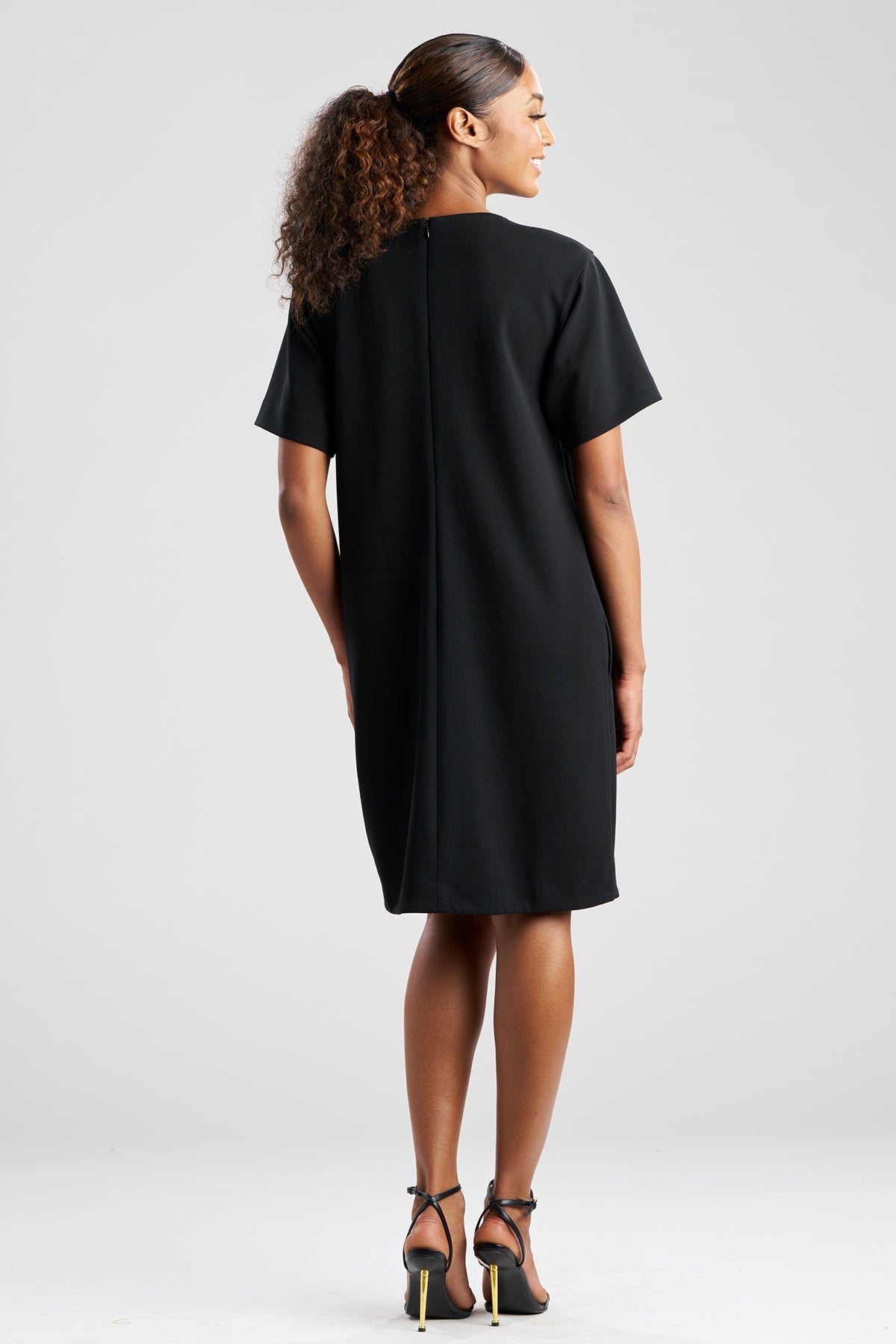 Solid Knit Crepe Embellished Short Sleeve Shift Dress Black