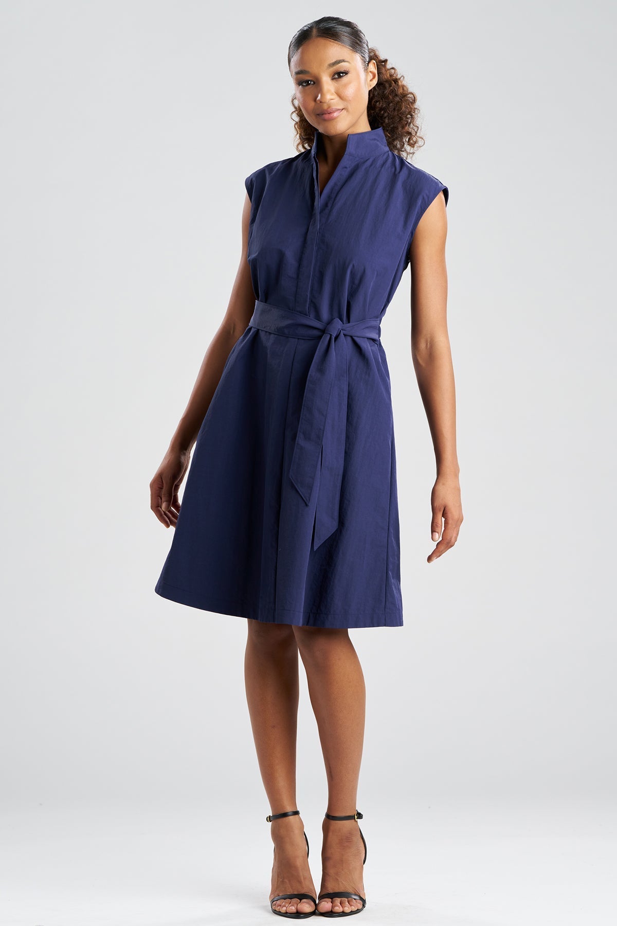 Solid Taffeta Tie Front Dress Navy