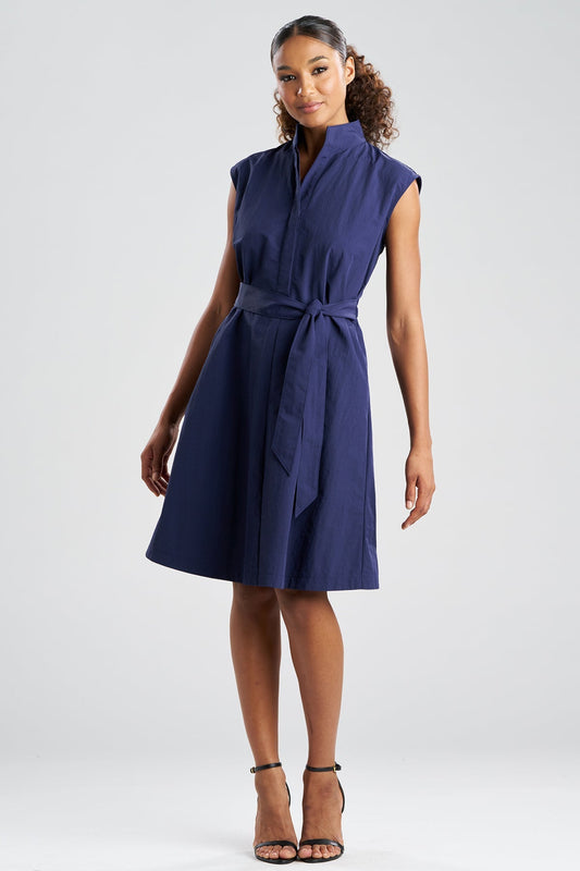 Solid Taffeta Tie Front Dress Navy