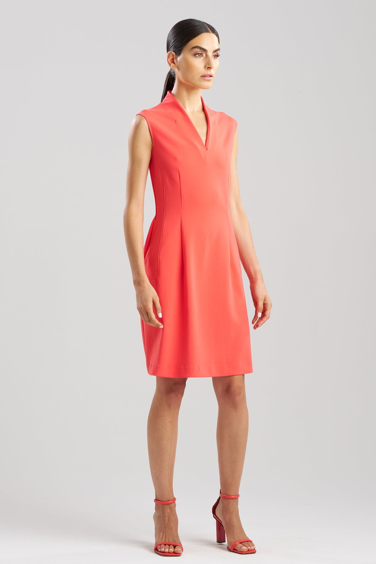Solid Knit Crepe Raised Collar Dress Cayenne