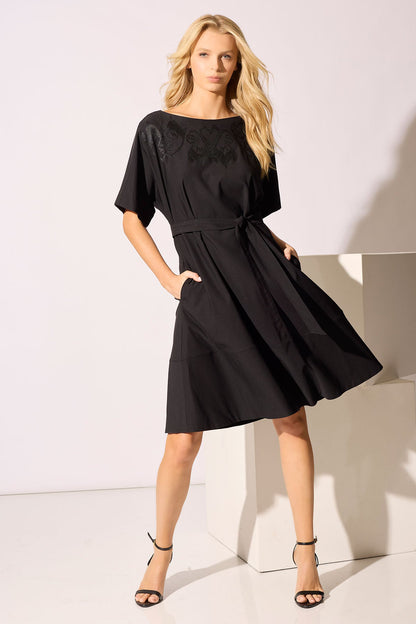 Solid Lightweight Woven Embellished Boatneck Dress Black