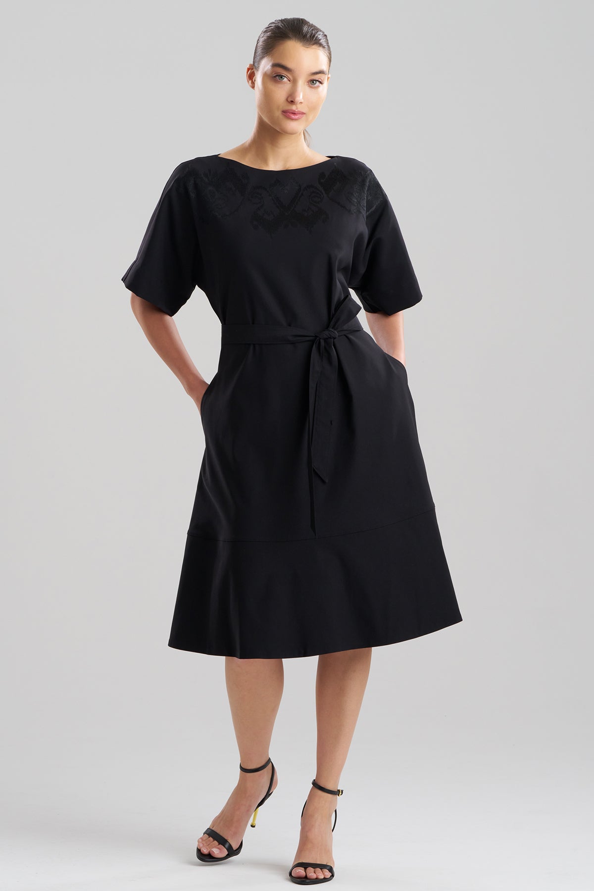 Solid Lightweight Woven Embellished Boatneck Dress Black