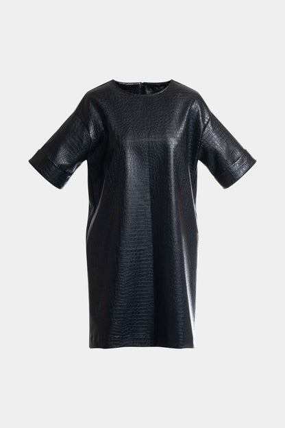 Faux Croc Leather T-Shirt Dress Black