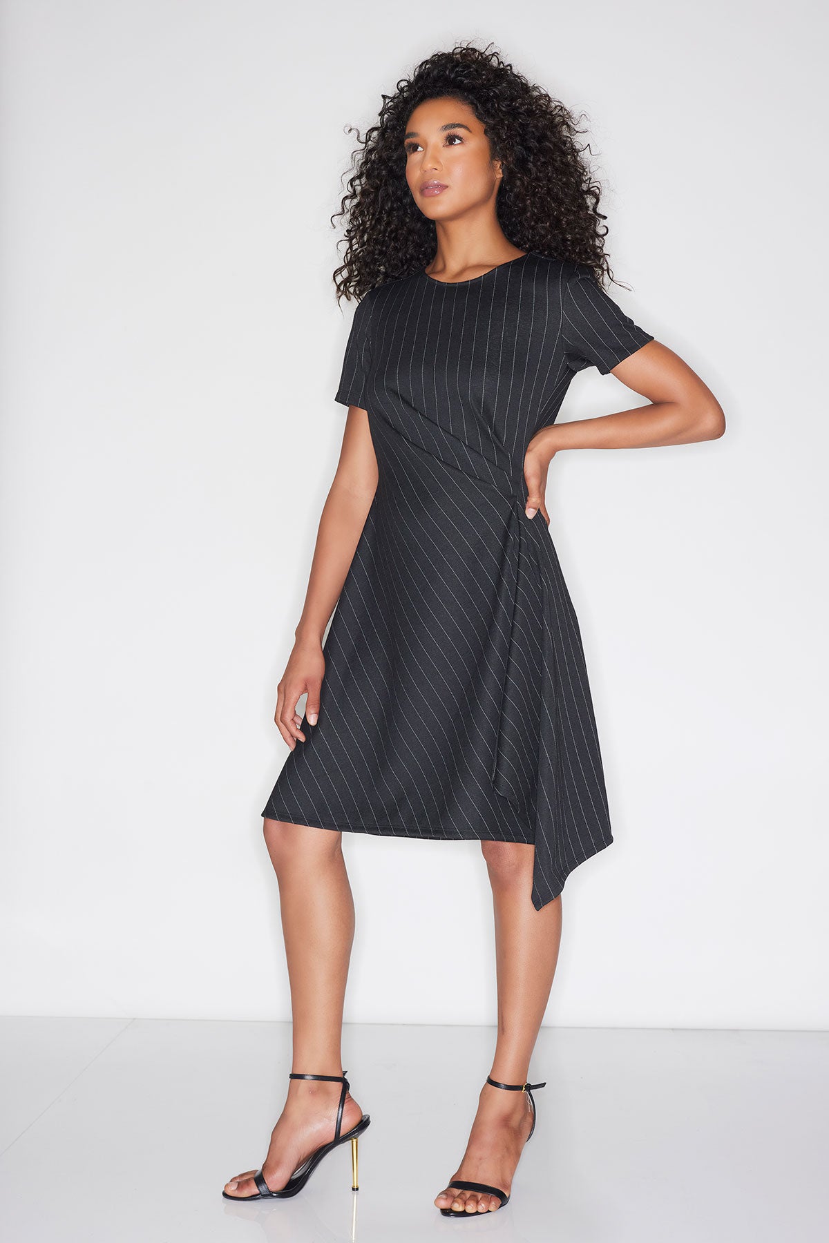 Pinstripe Knit Side Drape Dress Black/White