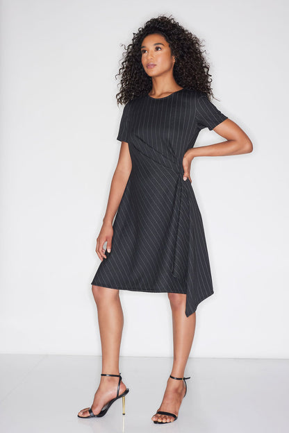 Pinstripe Knit Side Drape Dress Black/White