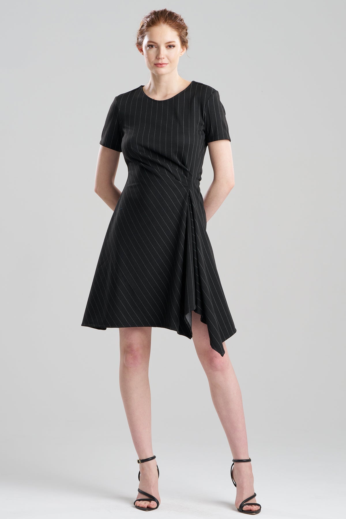 Pinstripe Knit Side Drape Dress Black/White