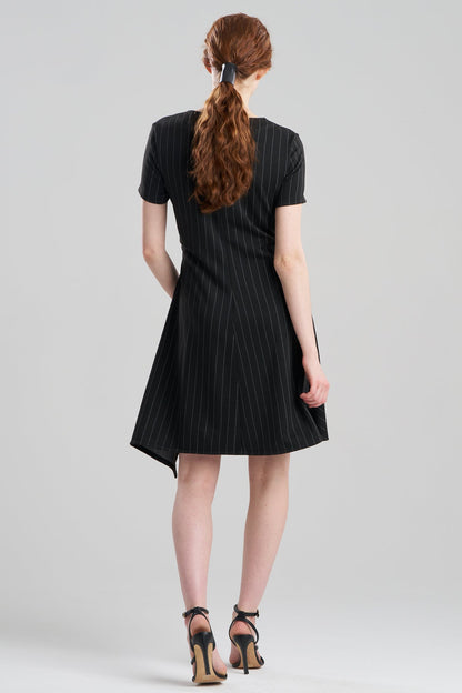 Pinstripe Knit Side Drape Dress Black/White