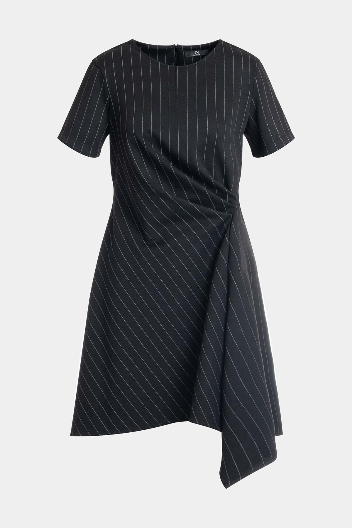 Pinstripe Knit Side Drape Dress Black/White