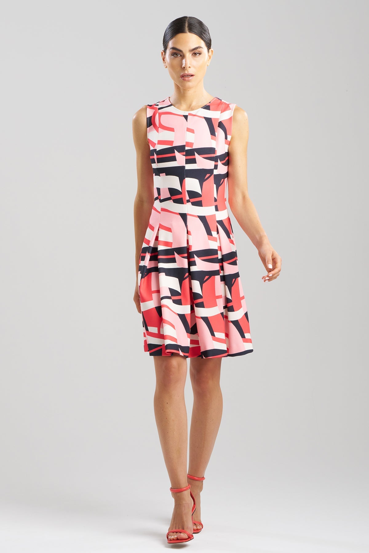 Abstract Lines Sleeveless Pleated Dress Cayenne