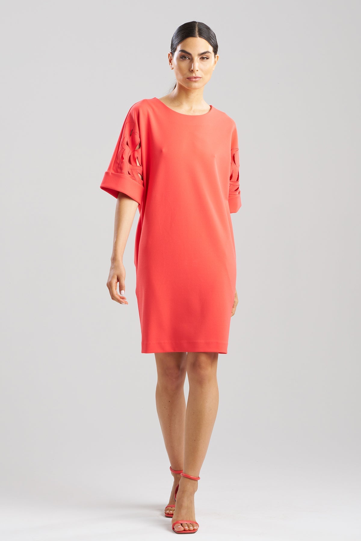 Solid Knit Crepe Embroidered Geometric T-shirt Dress Cayenne